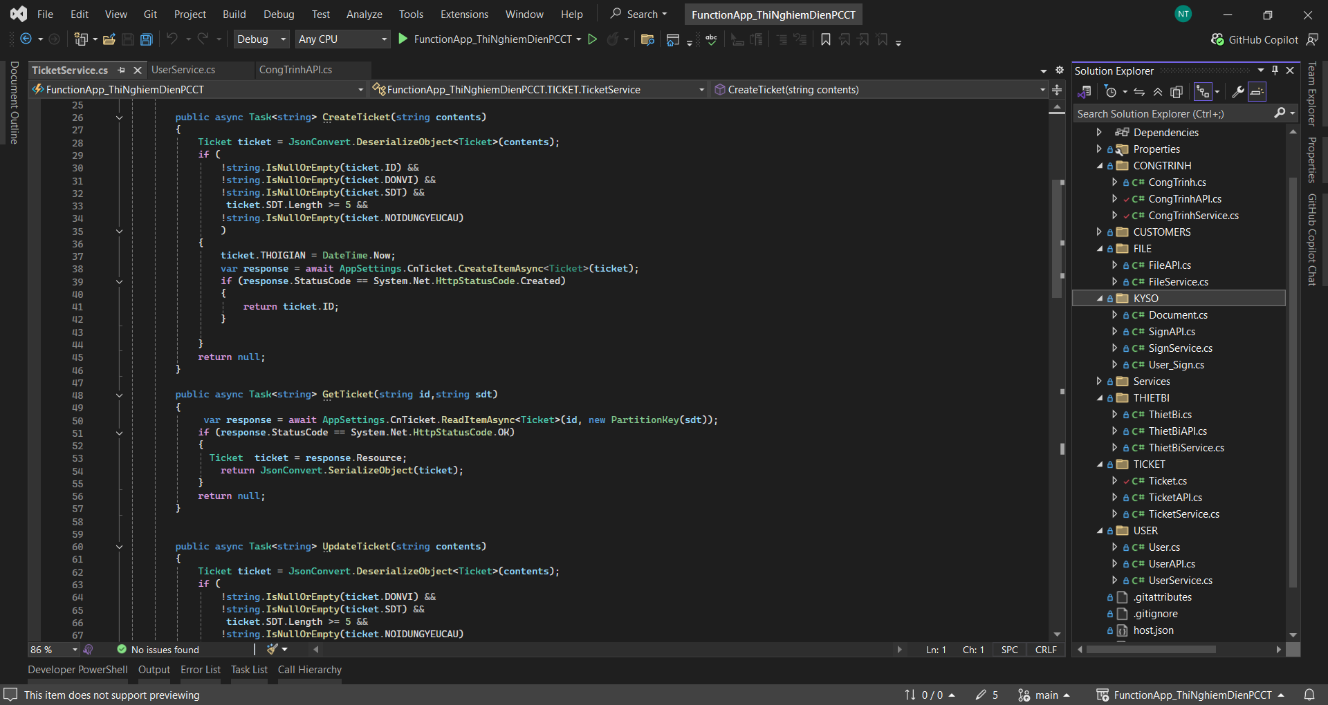 Visual Studio — TicketService.cs and project structure