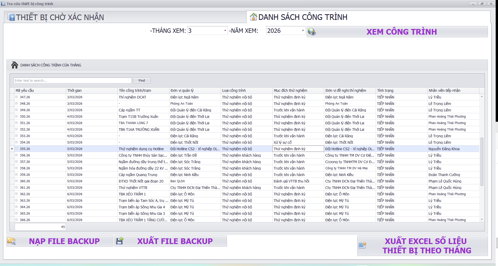 Search — Construction by month/year, equipment list