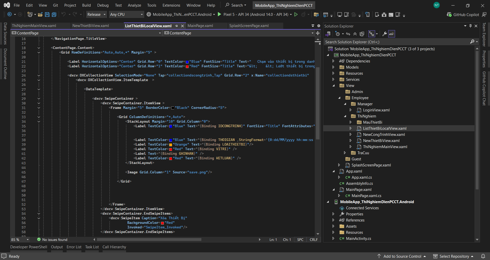 Development screenshot of Mobile Project in Visual Studio