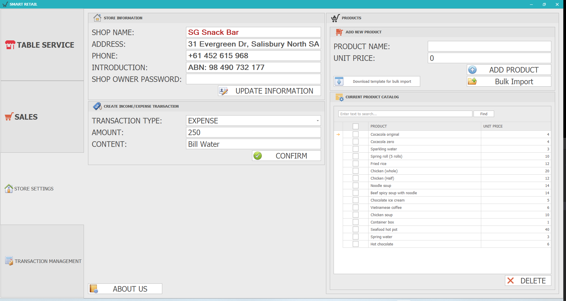 Store settings — Store info, transactions, products