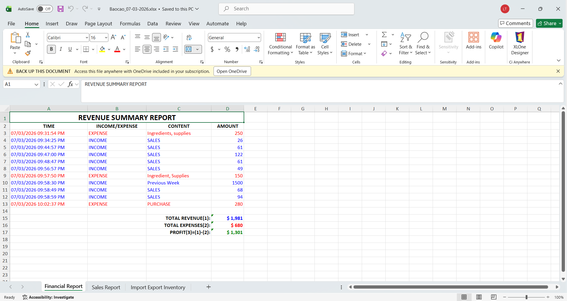 Excel — Revenue summary report