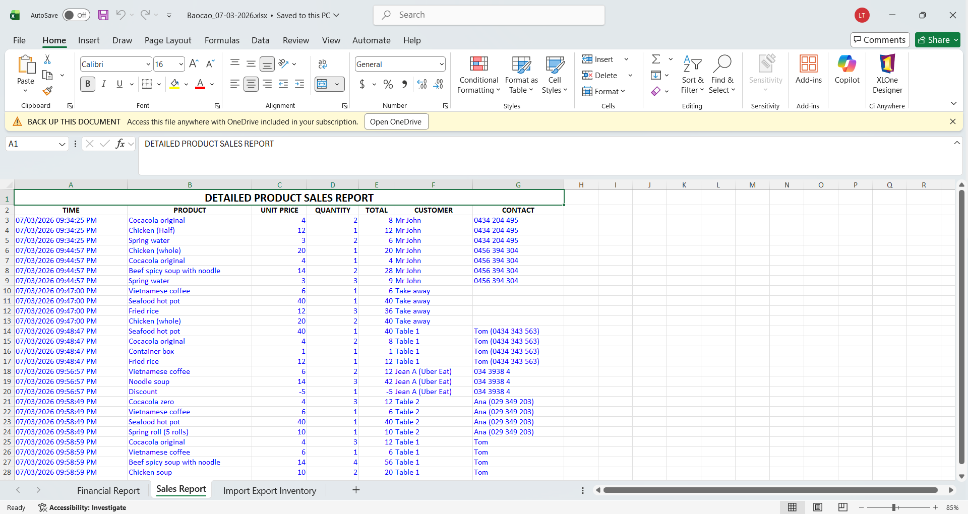 Excel — Detailed product sales report