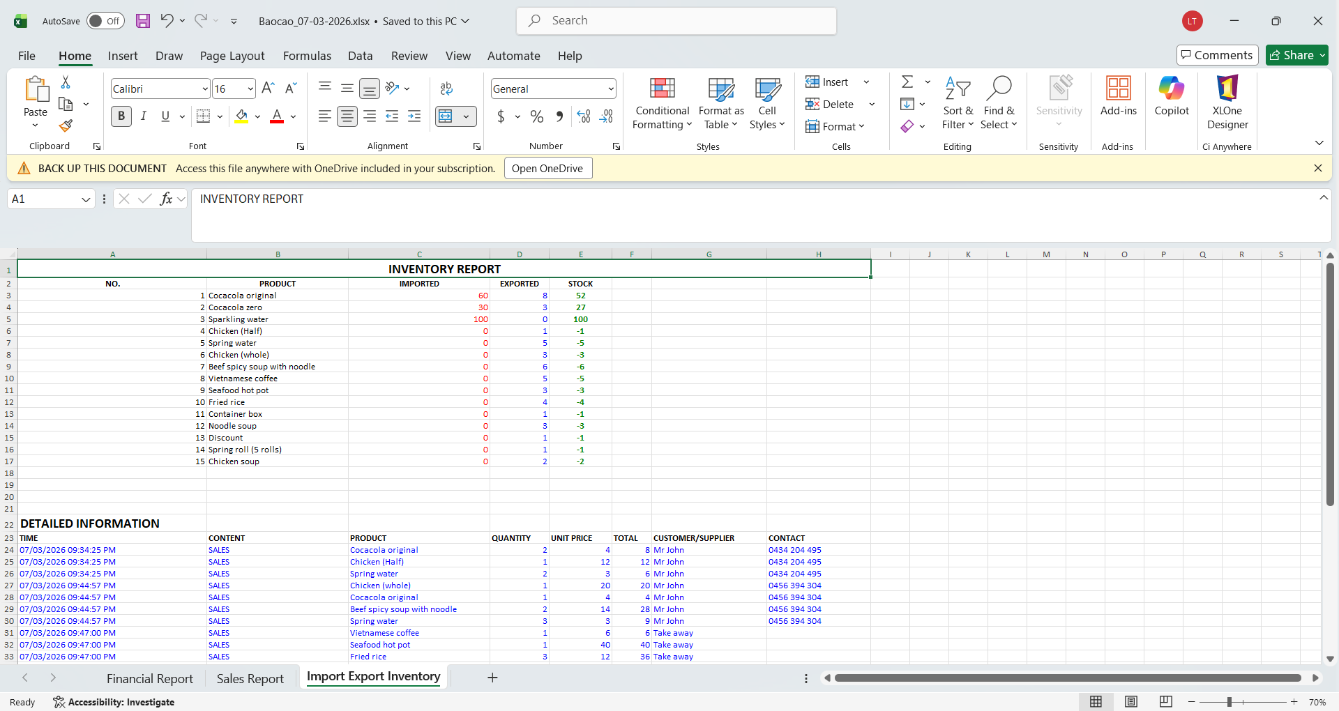 Excel — Inventory report